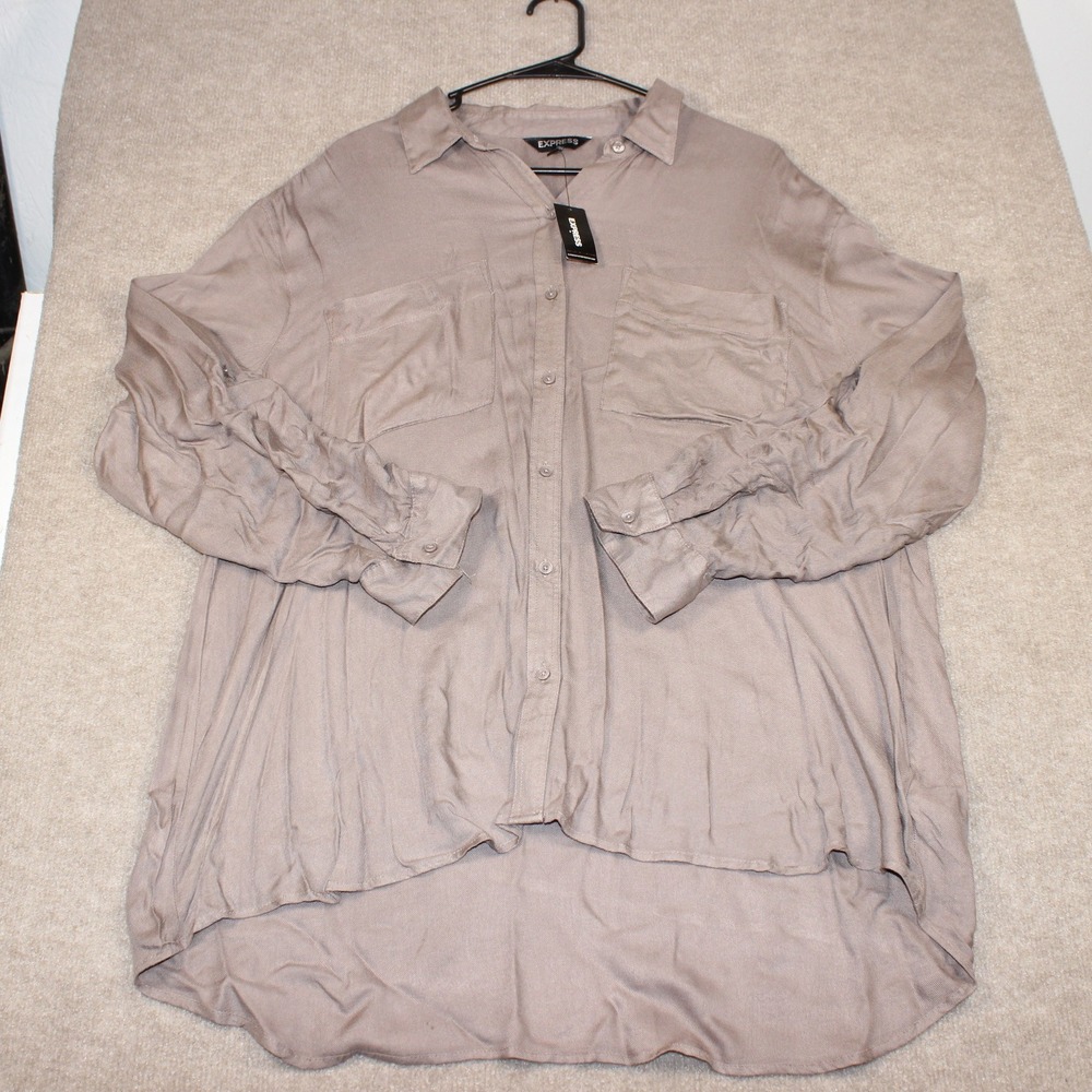 Express Womens XL Taupe Rayon Long Sleeve Button Down High Low Shirt NWT